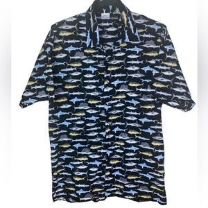 Cottonseed Mens Sz XL Black Allover Fish Shark Sailfish Button Down Casual Shirt